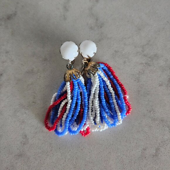 RED, WHITE, AND BLUE BEADED DANGLE CLIP-ON EARRINGS - Picture 2 of 14